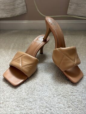 Vince Camuto Quilted Tan Leather High Heel Slide Sandals